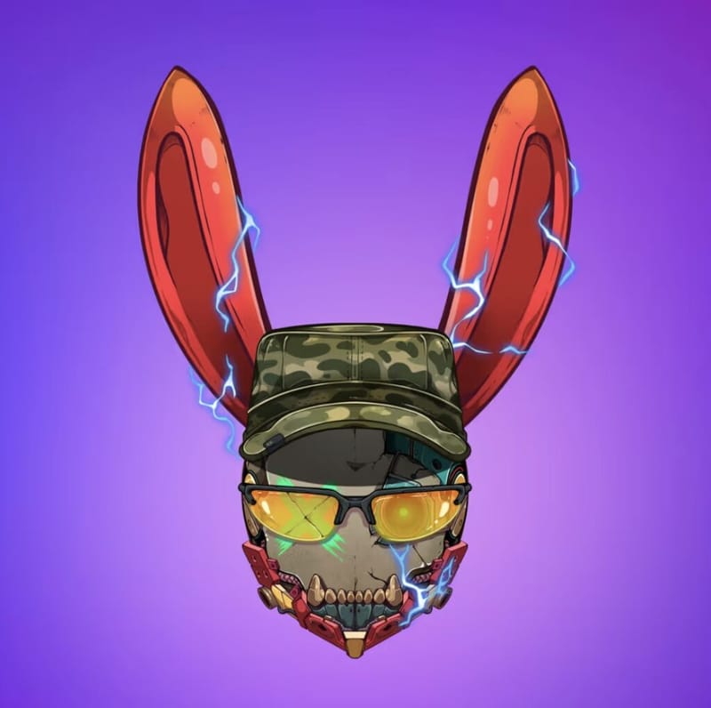 NFT artwork Rebel Rabbit 4733, a digital illustration of a skull with large red rabbit ears, a camouflage cap, holographic sunglasses, and blue electric lightning on a purple background
